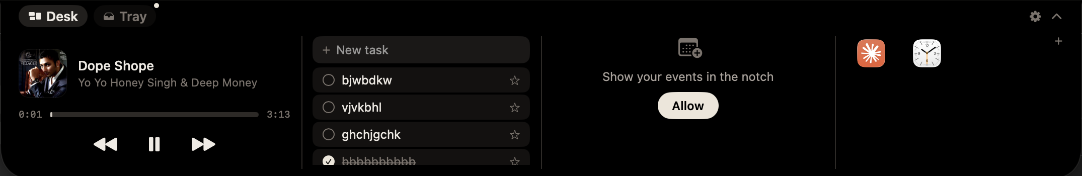 Oreo's Desk open below the notch, showing a music player, a to-do list, a calendar prompt and app shortcuts.